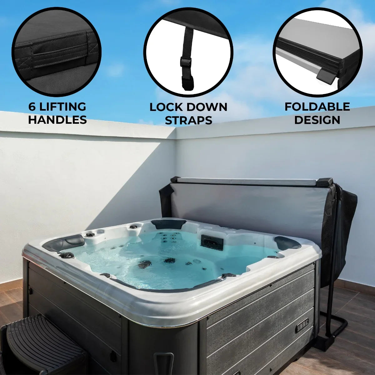 Black 2.1m hot tub spa cover featuring six lifting handles, lock down straps, and a foldable design for easy storage and access