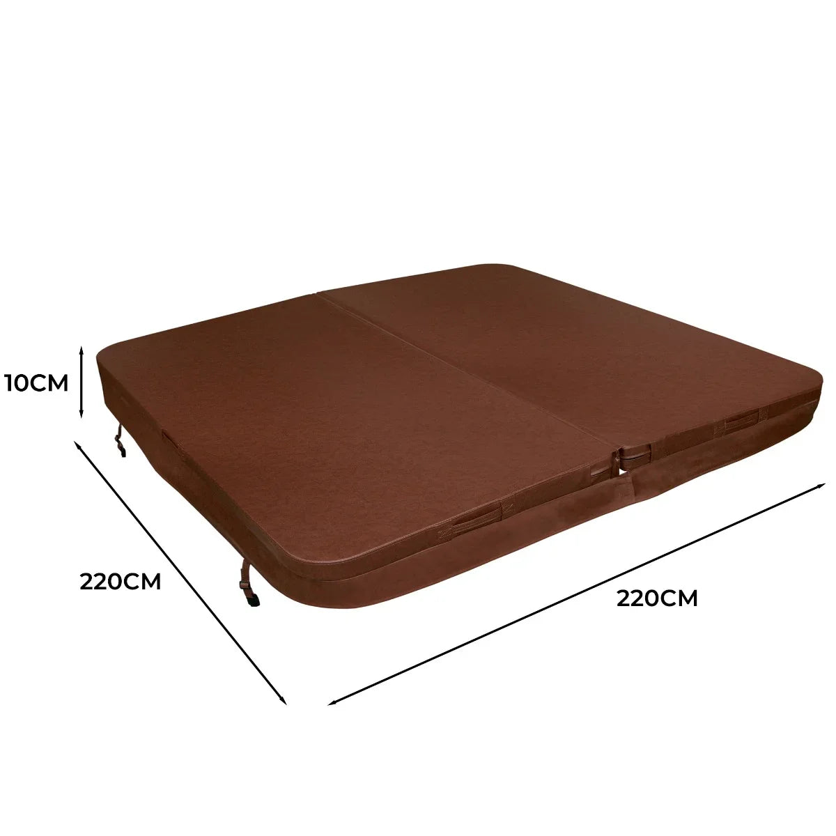 Brown 2.2m hot tub spa cover with a smooth texture, featuring dimensions of 220cm x 220cm and a thickness of 10cm, ideal for protection