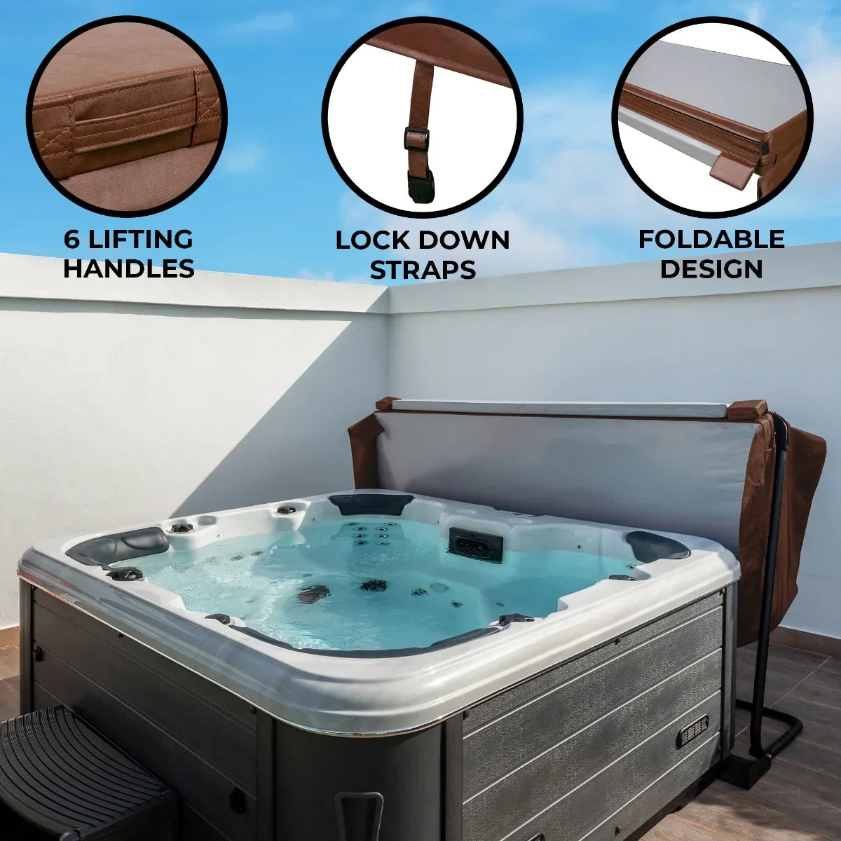 Brown 2.2m hot tub spa cover featuring six lifting handles, lock down straps, and a foldable design for easy storage
