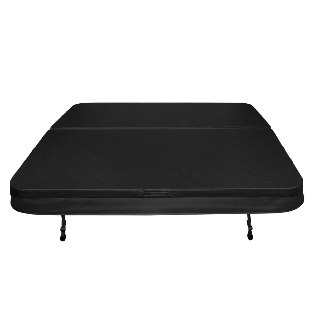 Black 2.2m hot tub spa cover with a smooth texture, featuring a two-panel design and secure fastening straps for durability