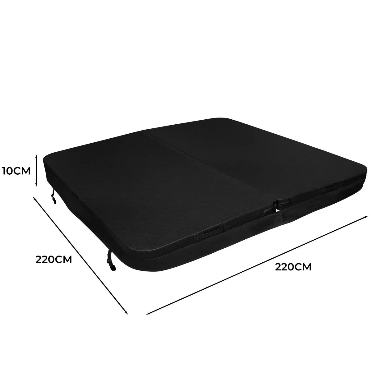 Black 2.2m hot tub spa cover with a smooth texture, featuring dimensions of 220cm x 220cm and a thickness of 10cm