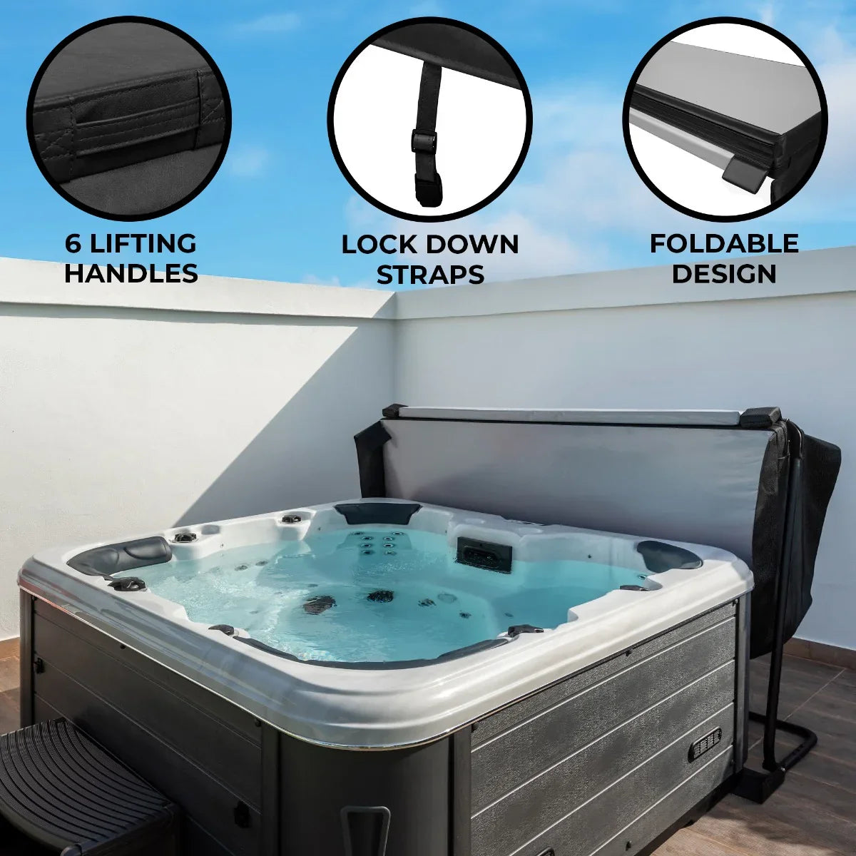 Black 2.2m hot tub spa cover featuring six lifting handles, lock down straps, and a foldable design for easy storage
