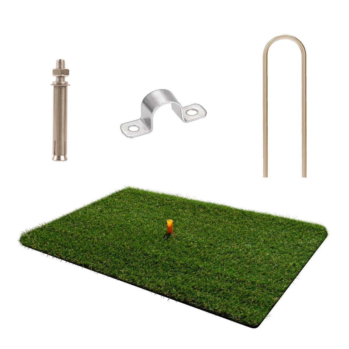 Golf practice cage accessories including a grass mat, target peg, metal bracket, and ground stake for secure setup and use
