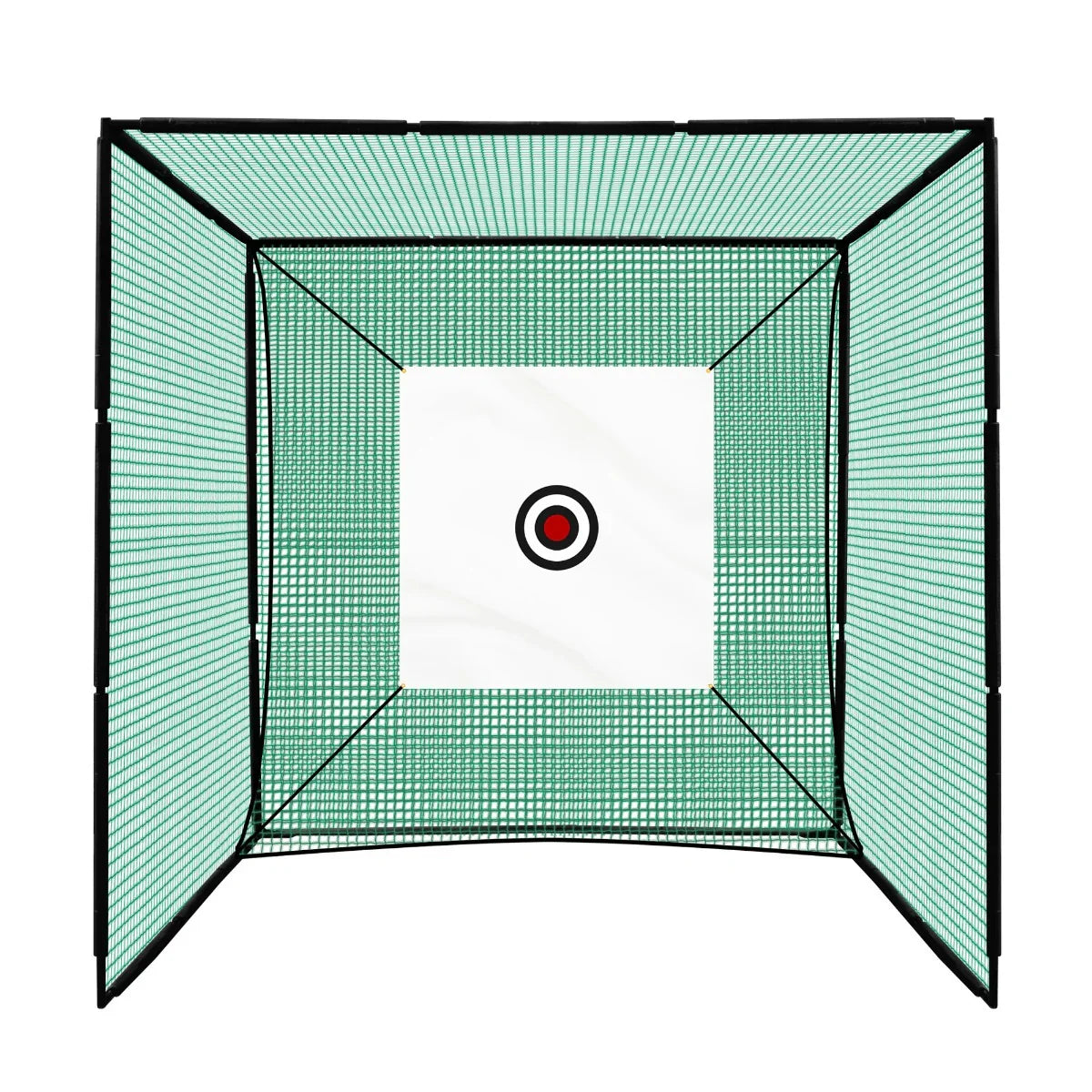 Golf practice cage featuring a durable black frame, green netting, and a central target sheet with a red bullseye for accuracy training