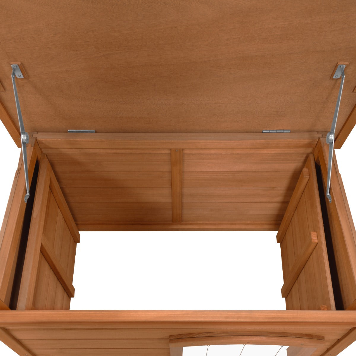 Small wooden dog kennel with a hinged roof, featuring a natural wood finish and sturdy construction for durability and comfort