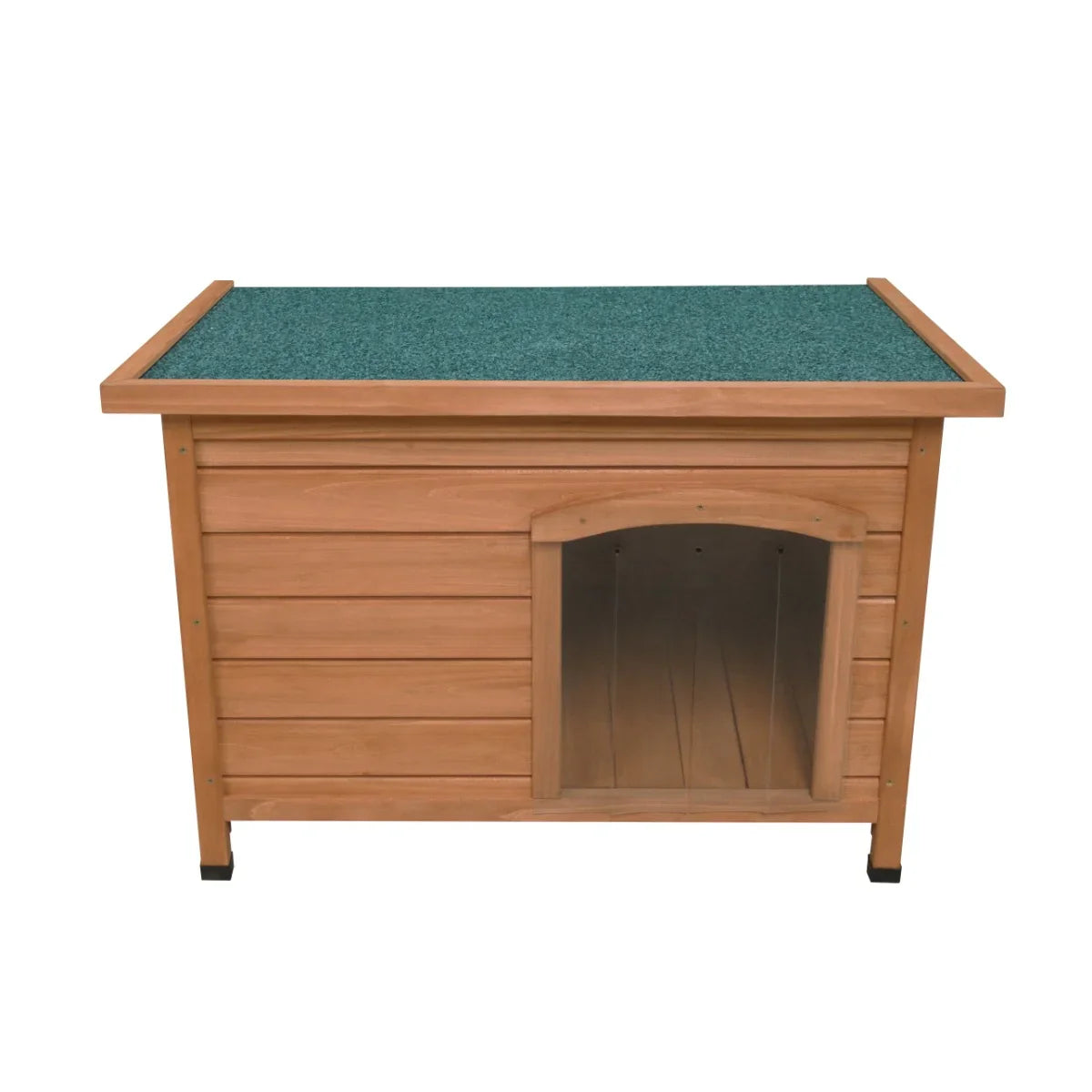 Small wooden dog kennel with a slanted green roof, featuring a spacious entrance and a natural wood finish for durability