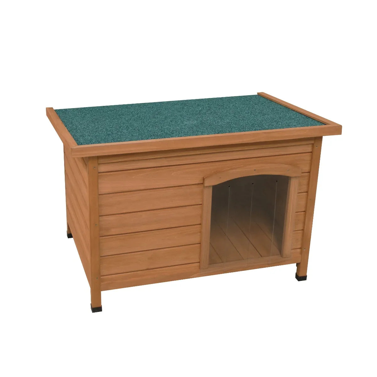 Small wooden dog kennel with a green felt roof, featuring a spacious entryway and sturdy construction for outdoor use
