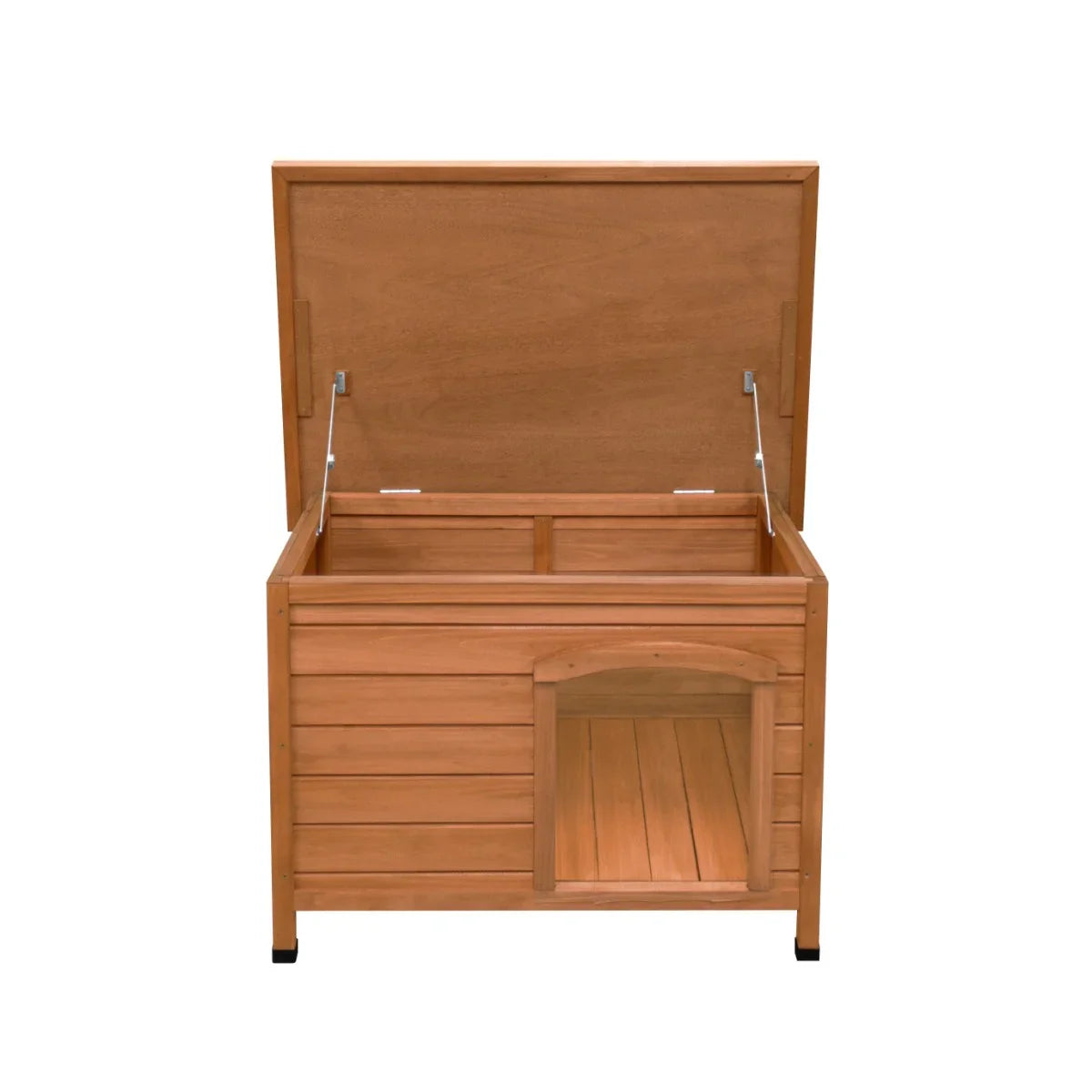 Small wooden dog kennel with a slatted design, featuring a hinged roof for easy access and a cozy entrance for pets