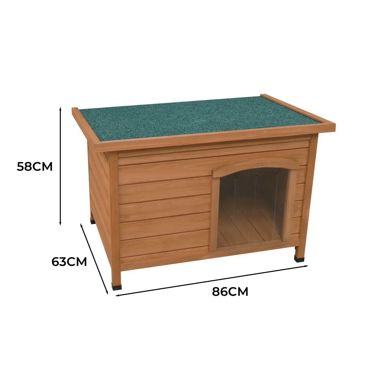 Small wooden dog kennel with a green felt roof, measuring 86cm x 63cm x 58cm, featuring a clear front door and sturdy legs
