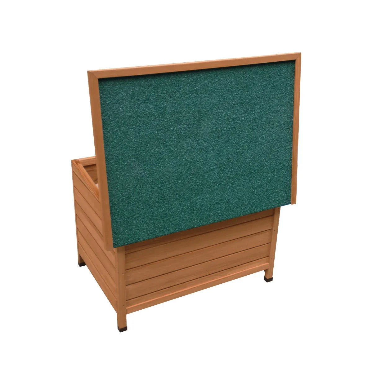 Small wooden dog kennel with a green textured roof, featuring a sturdy design and raised base for durability and comfort
