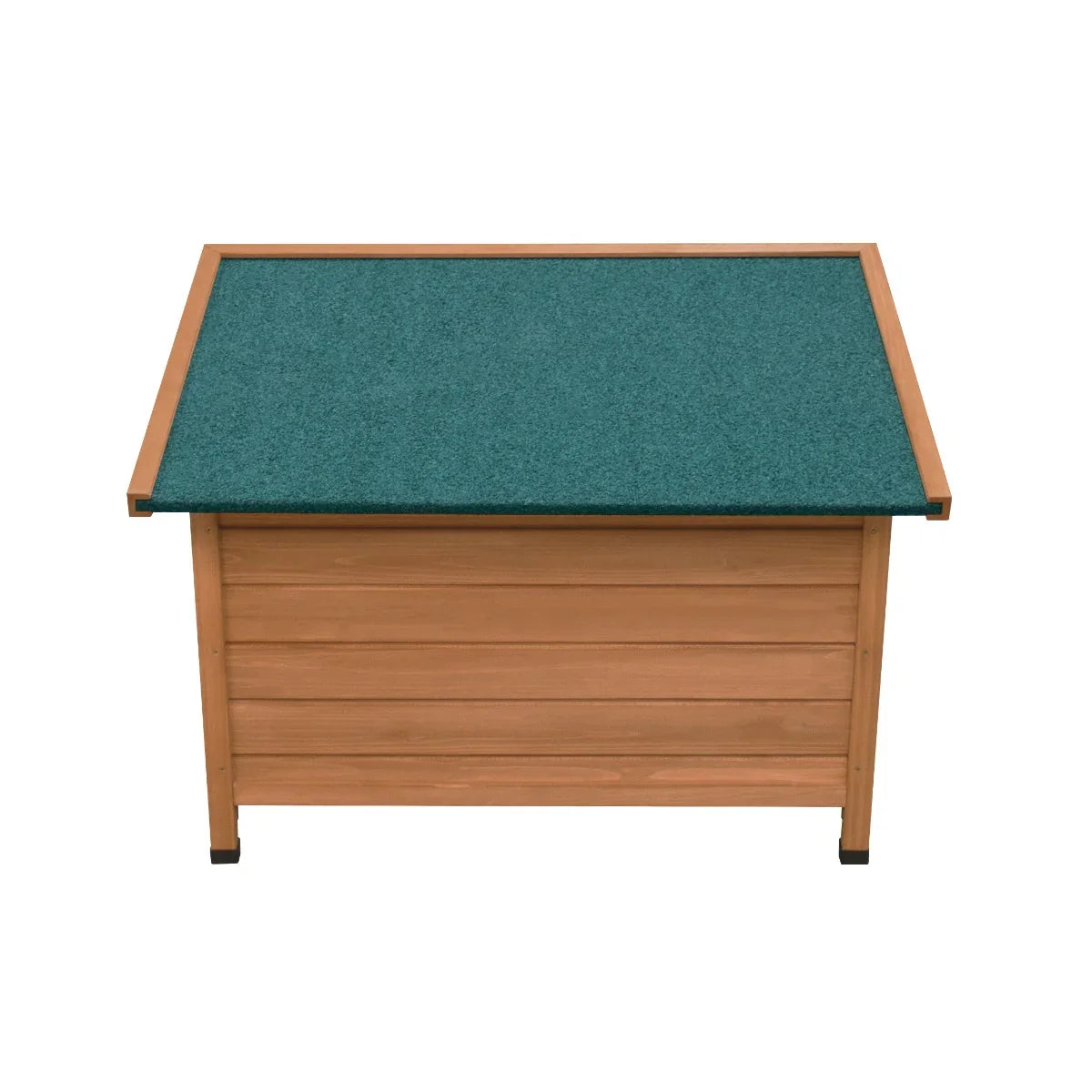 Small dog kennel featuring a wooden structure with a slatted design and a green felt roof for insulation and comfort