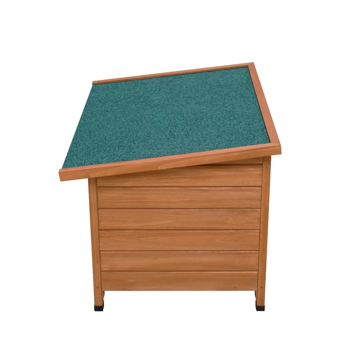 Small dog kennel with a slanted green roof, wooden walls, and a sturdy design, perfect for outdoor pet shelter and comfort