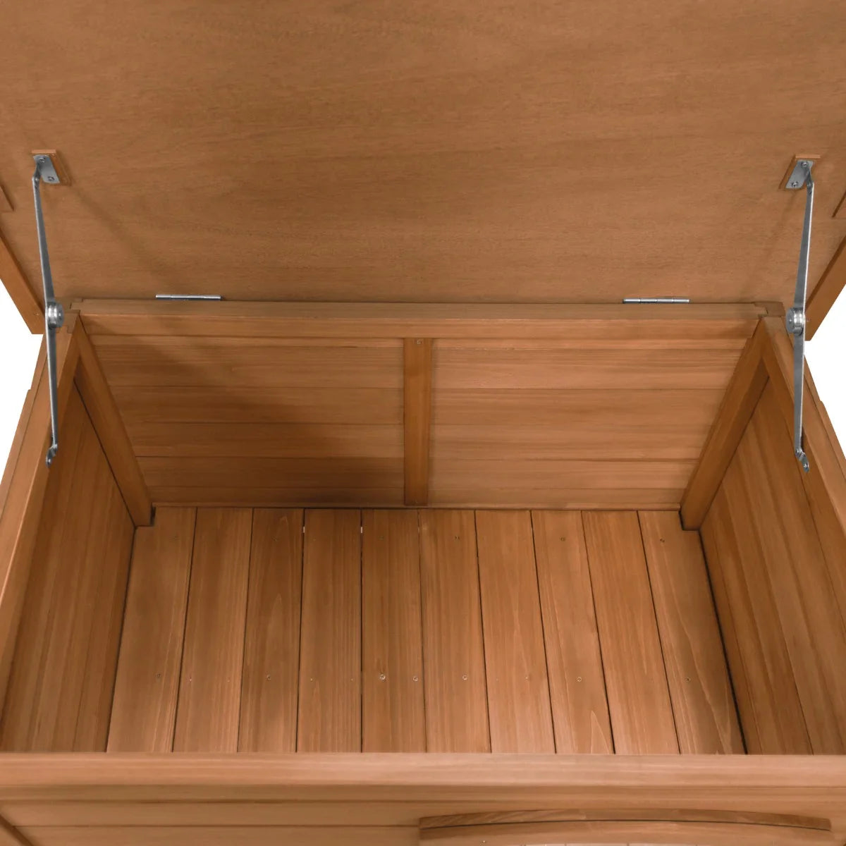 Small wooden dog kennel with a spacious, smooth interior featuring natural wood grain and a hinged top for easy access
