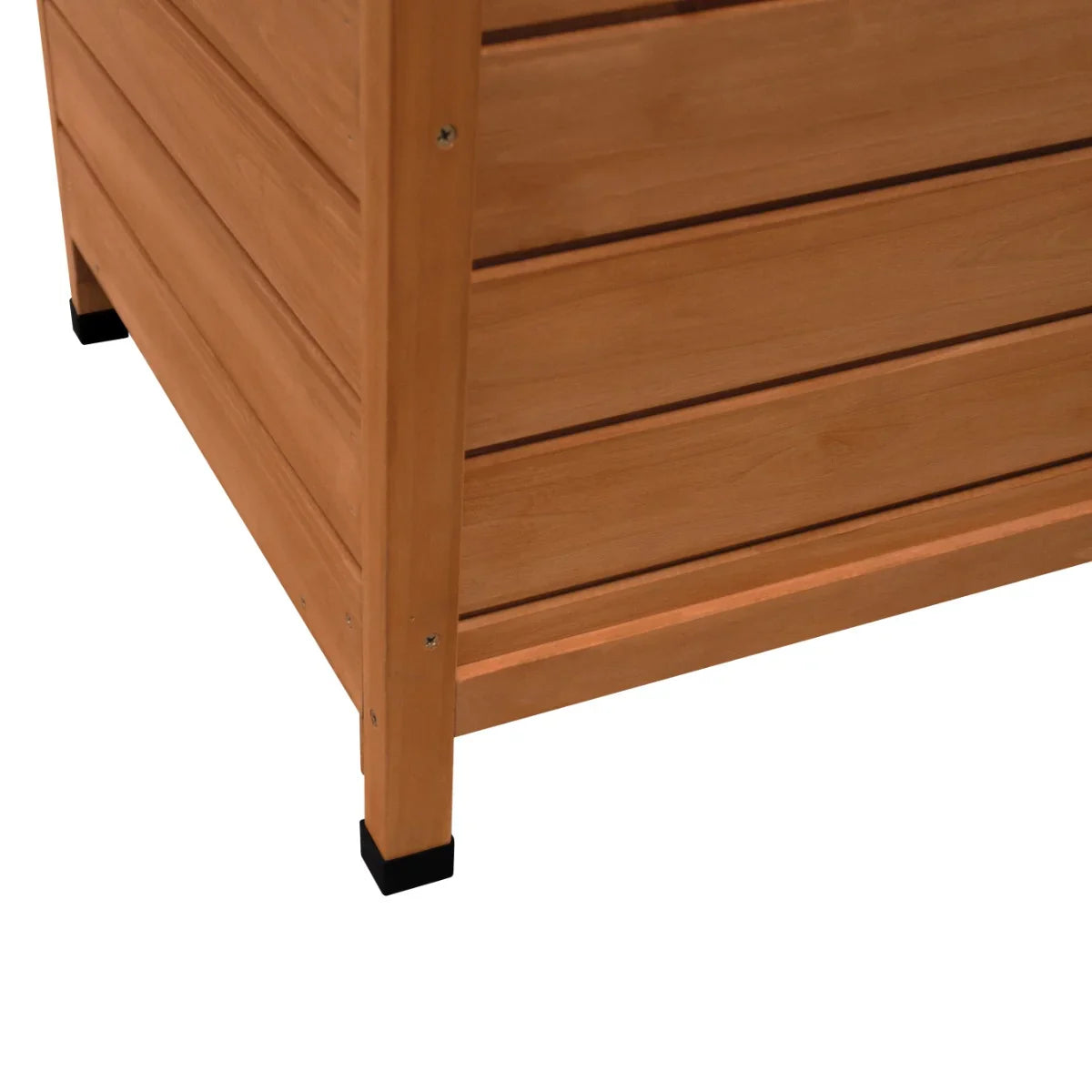 Medium dog kennel with a natural wood finish, featuring slatted walls, sturdy construction, and black rubber feet for stability