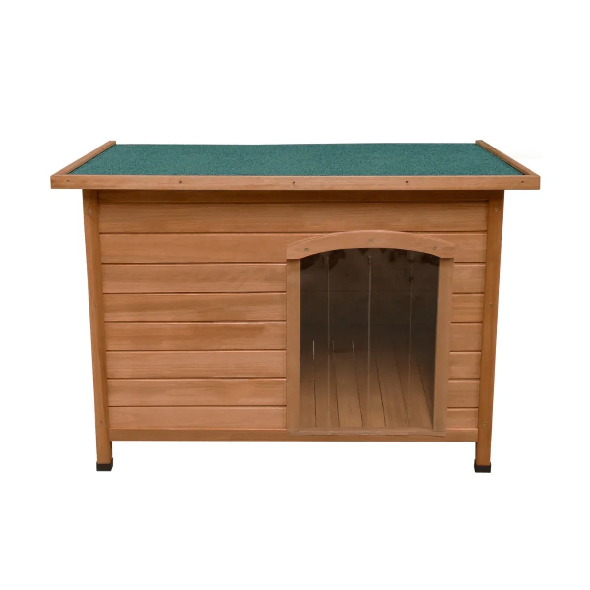 Medium dog kennel made of natural wood with a green felt roof, featuring a spacious entrance and sturdy construction