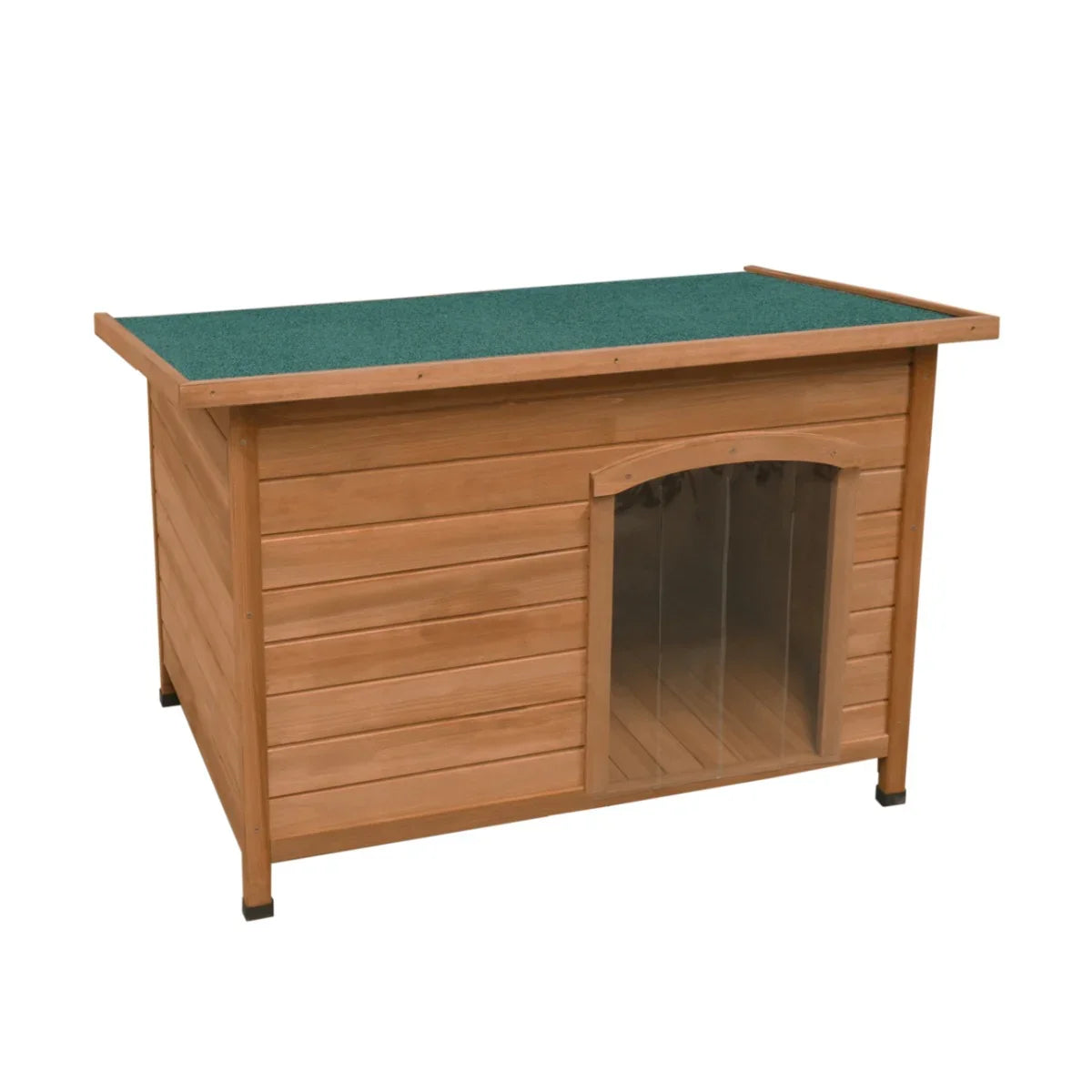 Medium wooden dog kennel with a green felt roof, clear front door, and slatted walls for ventilation and comfort