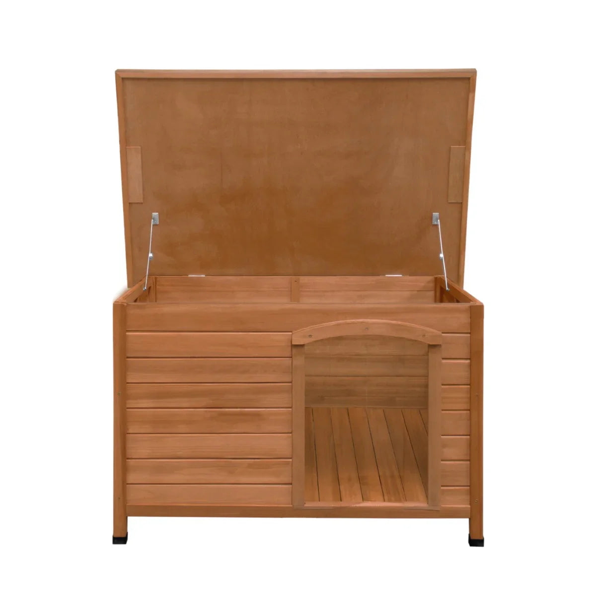 Medium wooden dog kennel with a slatted design, hinged roof, and an open front for easy access and ventilation
