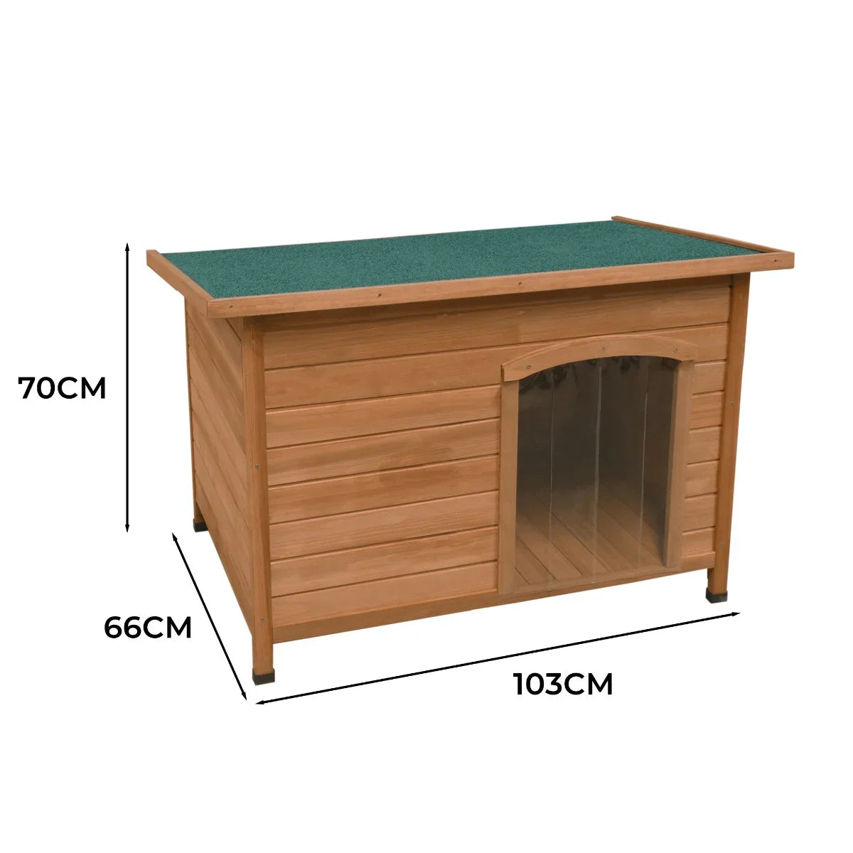 Medium dog kennel made of wood with a green felt roof, clear front panel, and dimensions of 103cm x 66cm x 70cm