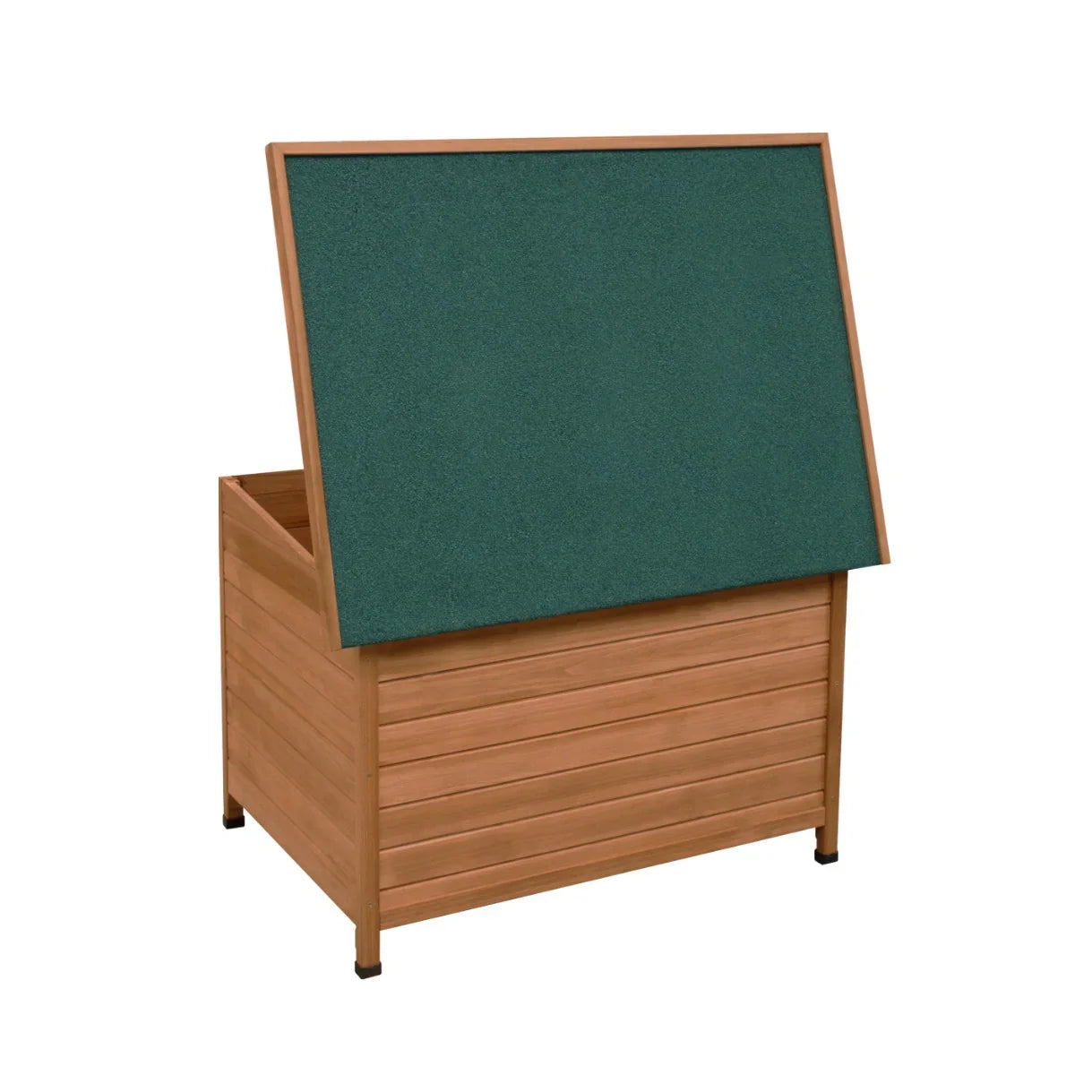 Medium dog kennel with a wooden slatted design, featuring a green, weather-resistant roof and spacious interior for comfort