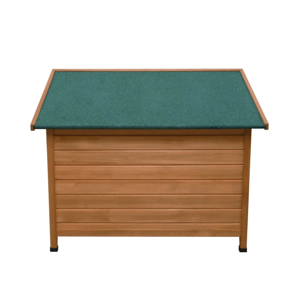 Medium dog kennel featuring a sturdy wooden structure with a natural finish and a green, weather-resistant roof for outdoor use