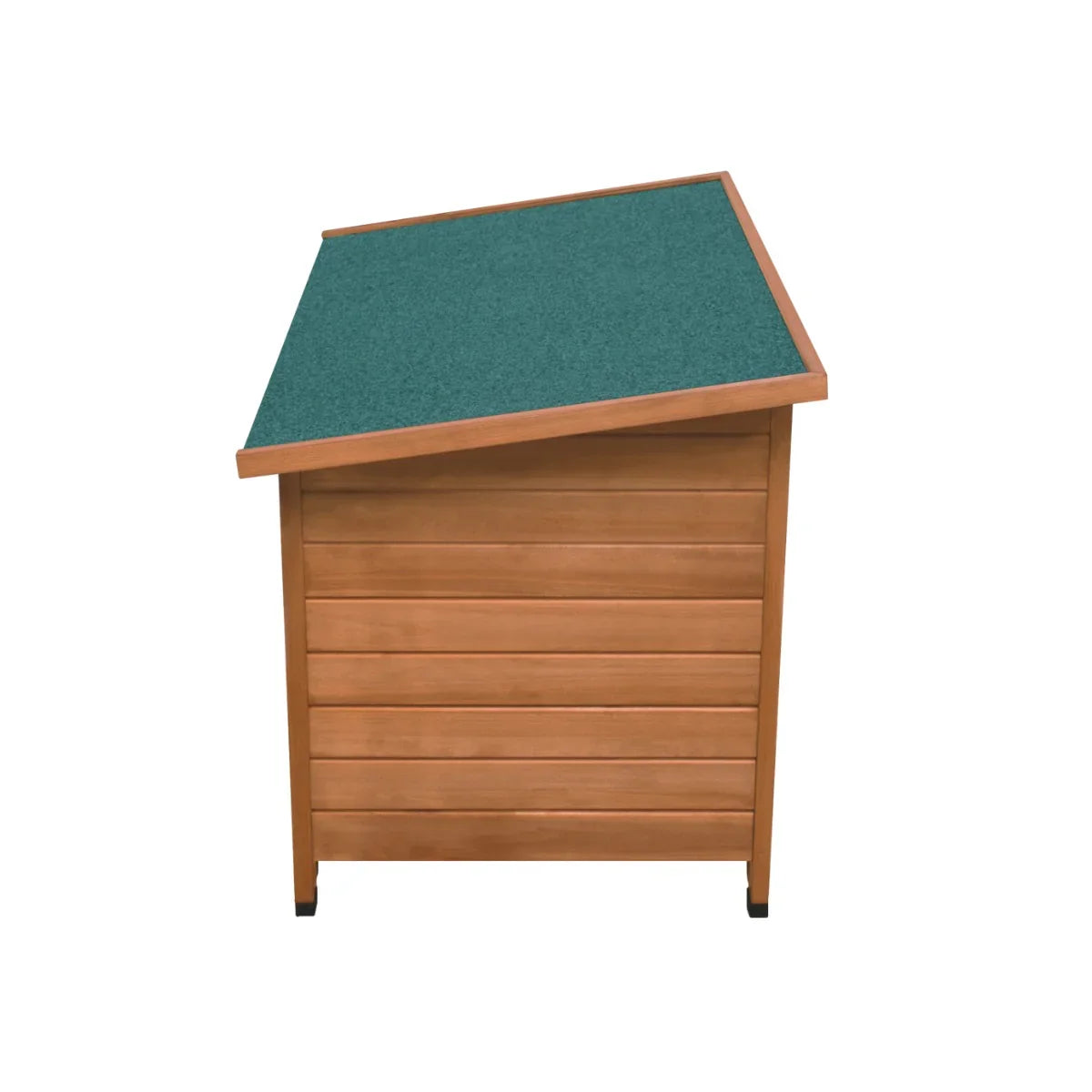 Medium dog kennel with a slanted green roof, wooden slat walls, and sturdy black feet for stability and outdoor use