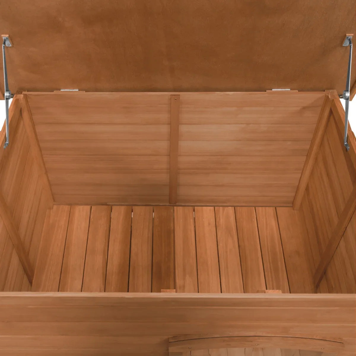 Medium dog kennel featuring a spacious, wooden interior with slatted flooring and a warm, natural wood finish