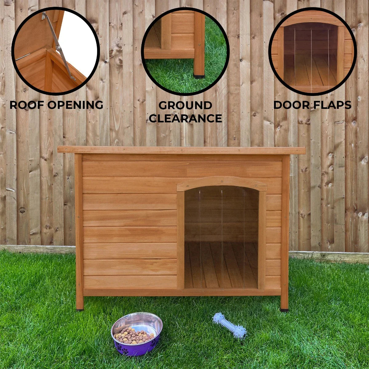 Medium dog kennel made of natural wood, featuring a roof opening, ground clearance, and door flaps, set on green grass