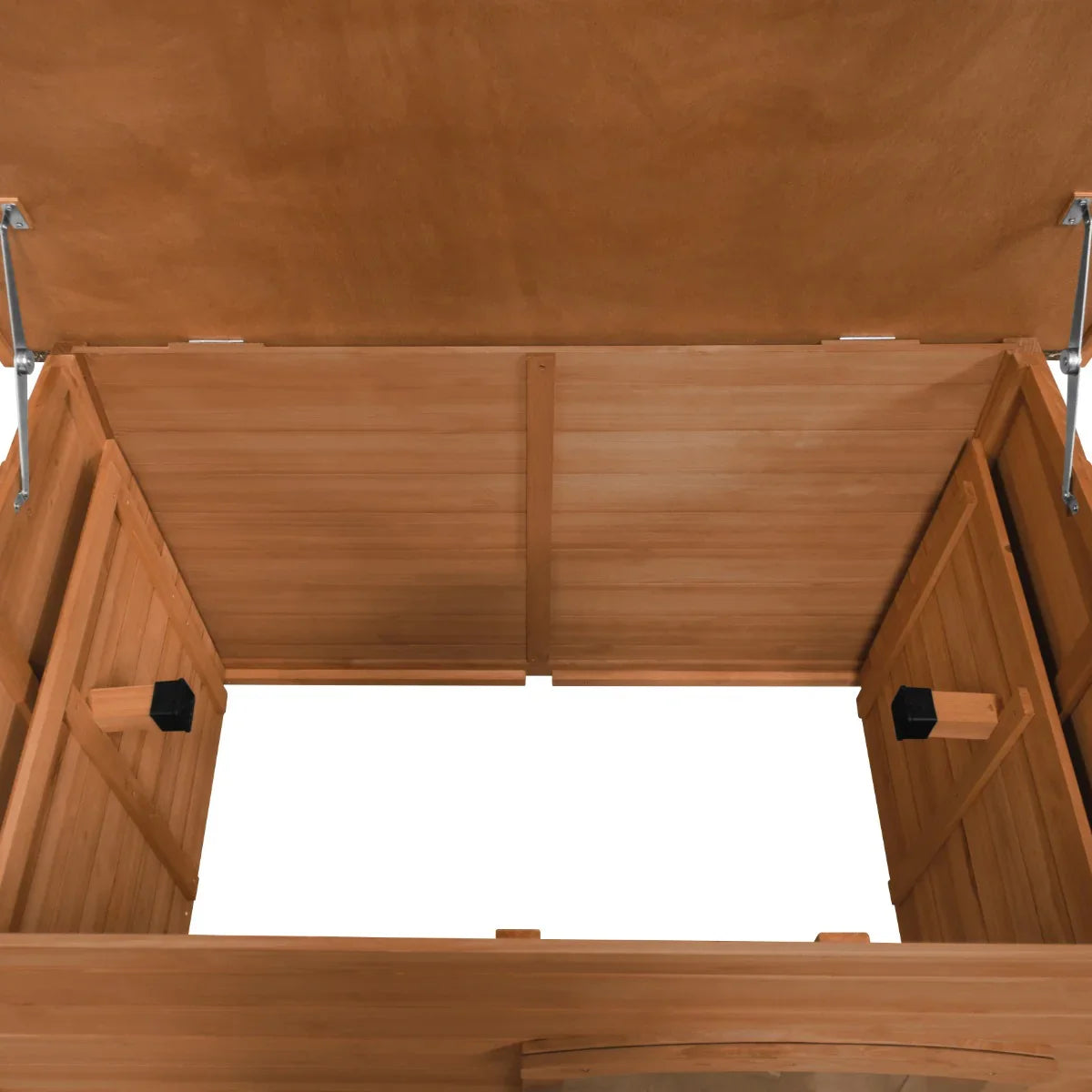Large dog kennel featuring a spacious wooden interior with a smooth, natural finish and a sturdy, removable roof for easy access