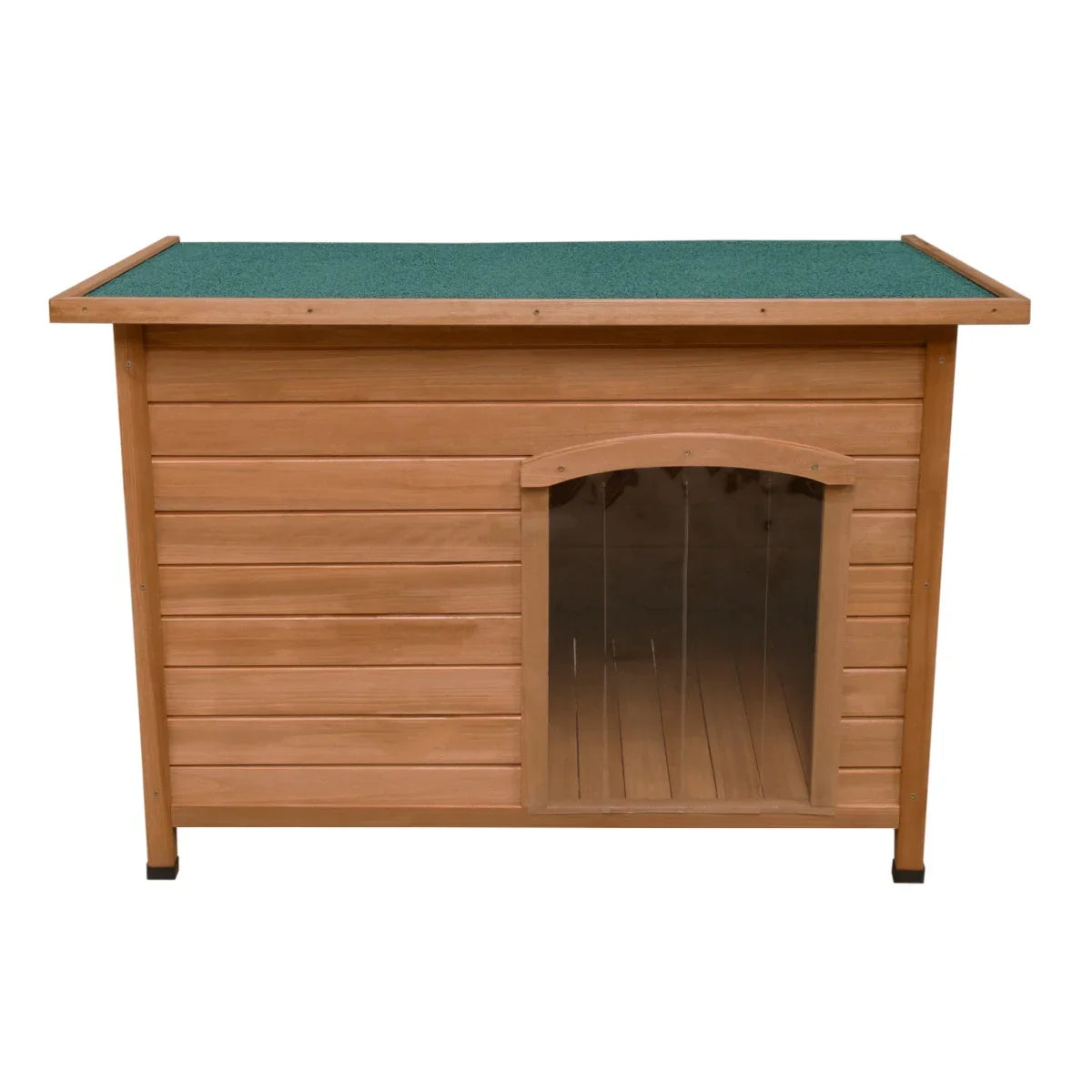 Large wooden dog kennel with a sloped green roof, spacious entryway, and sturdy construction, ideal for outdoor use