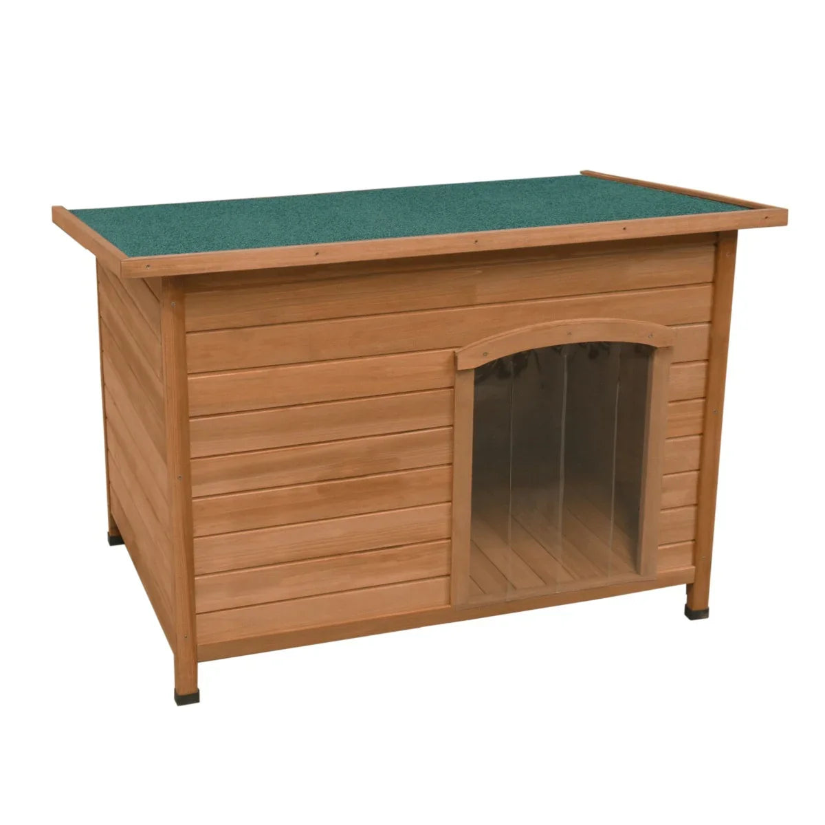 Large wooden dog kennel with a slanted green roof, clear plastic door, and sturdy construction for outdoor use