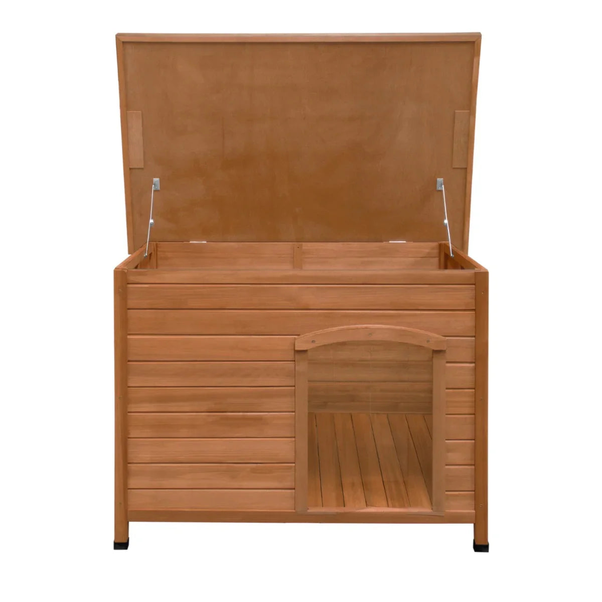 Large wooden dog kennel with a slatted design, hinged roof, and spacious entrance, showcasing a warm, natural finish
