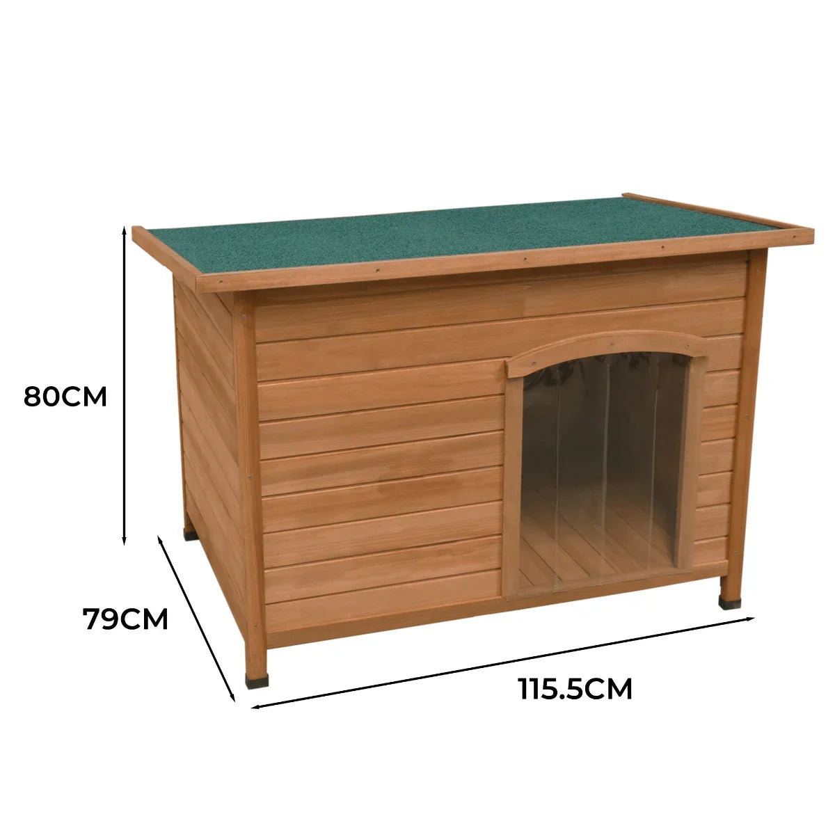 Large wooden dog kennel with a green felt roof, transparent front door, and slatted walls, measuring 115.5cm x 79cm x 80cm