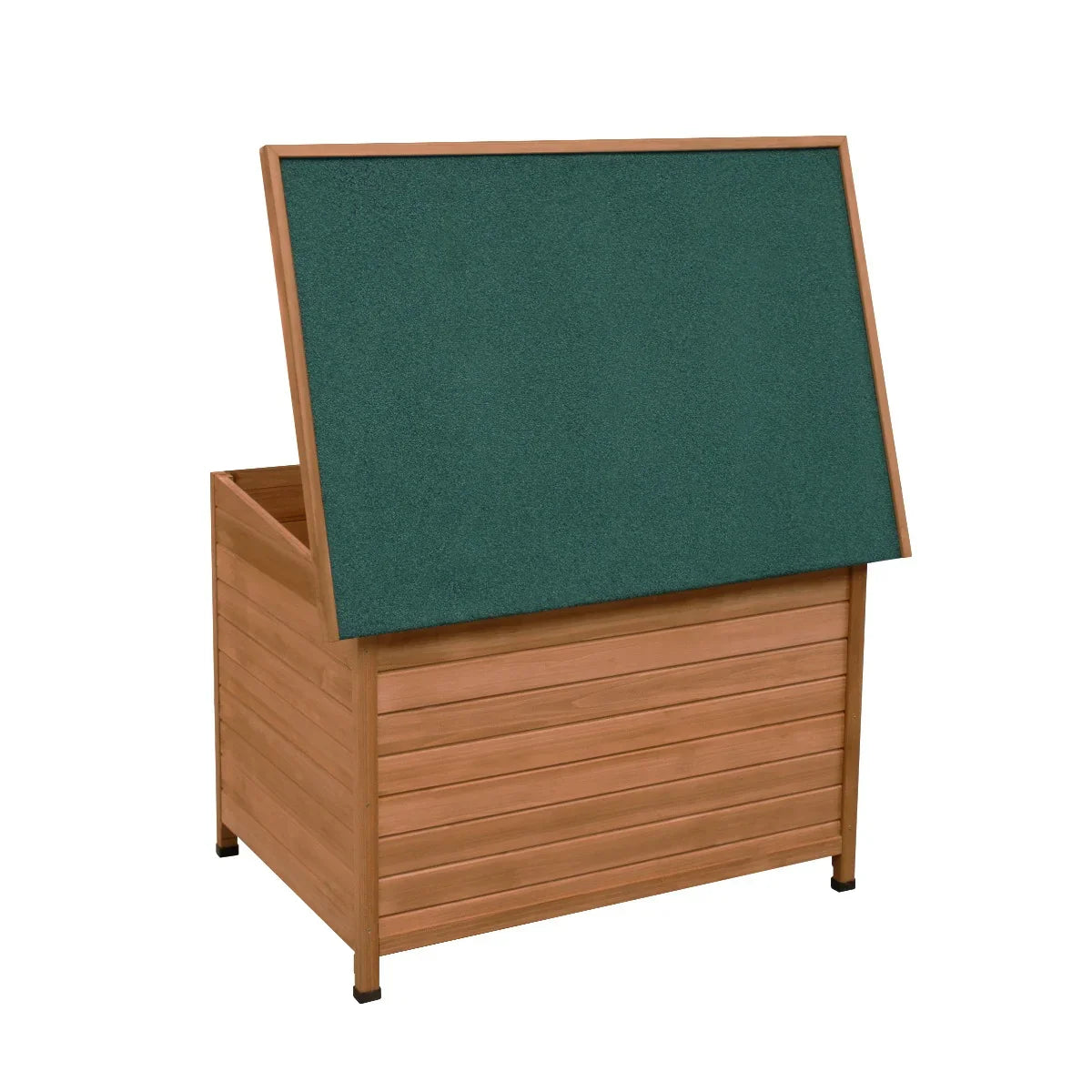 Large dog kennel with a wooden finish, slatted design, and a green, textured roof for weather protection and durability