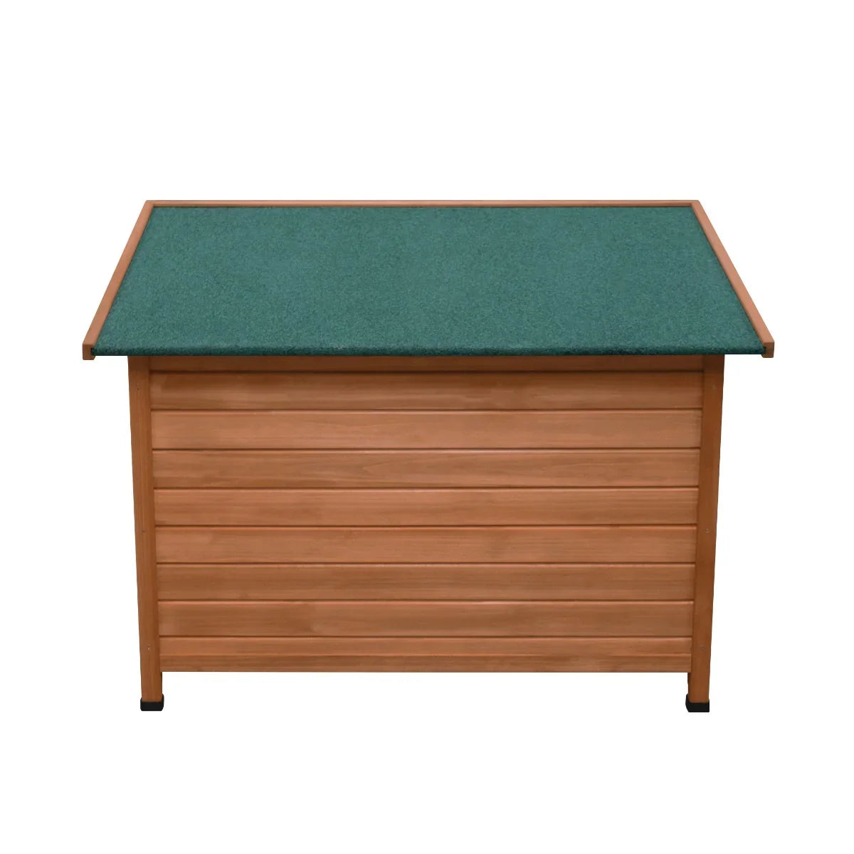 Large wooden dog kennel with a slatted design, featuring a green felt roof and sturdy black feet for stability