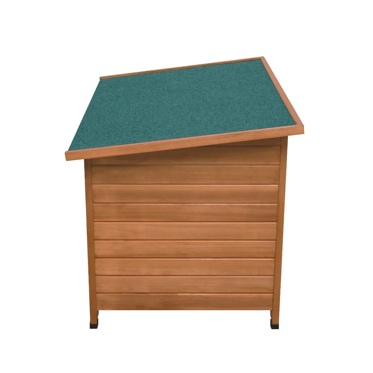 Large dog kennel featuring a slanted green roof, wooden slat walls, and a sturdy design for outdoor use and pet comfort