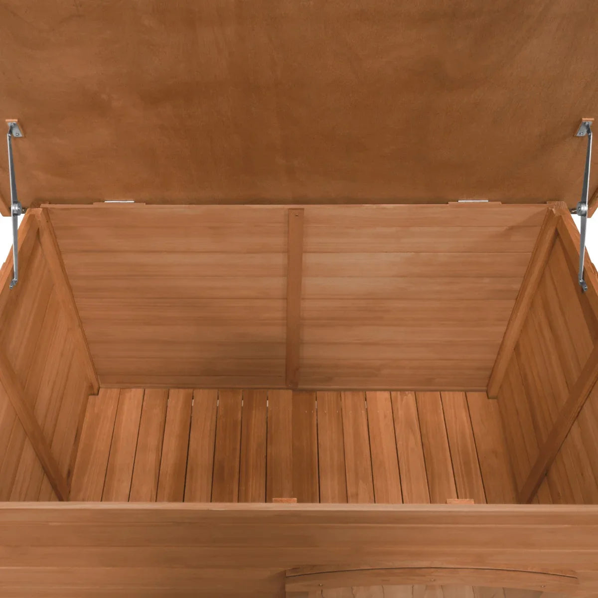 Large dog kennel featuring a spacious, wooden interior with slatted flooring and a smooth, natural wood finish