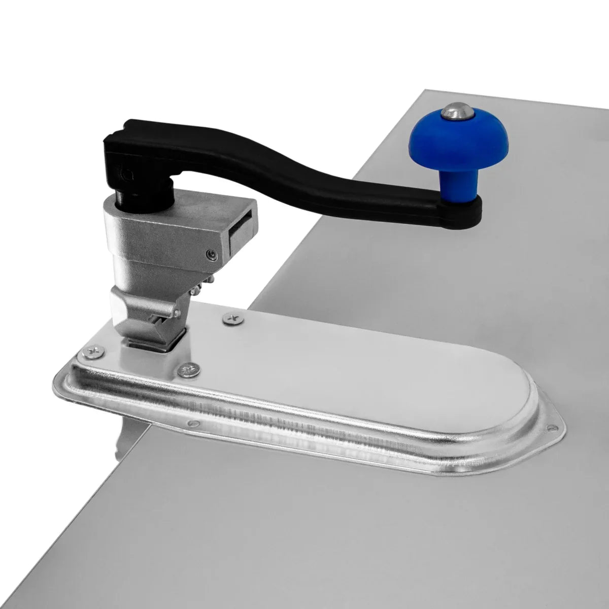 KuKoo Commercial Tin Can Opener with a sturdy metal base, black handle, and blue grip knob, designed for easy can opening