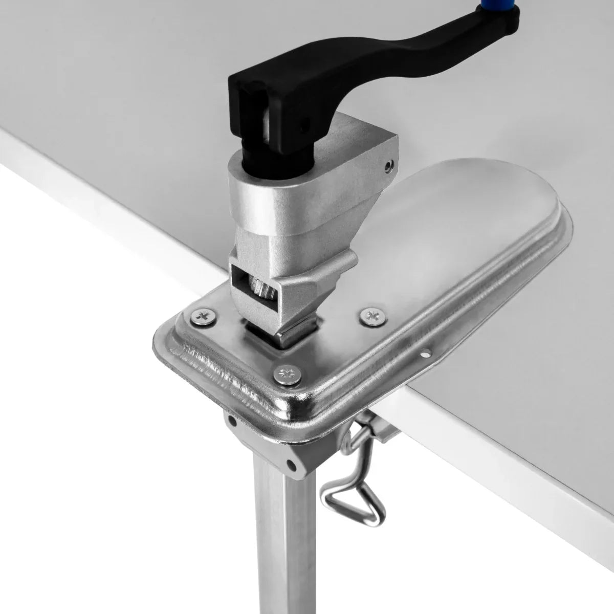 Heavy-duty KuKoo commercial tin can opener with a sturdy metal base, adjustable clamp, and ergonomic black handle for easy use