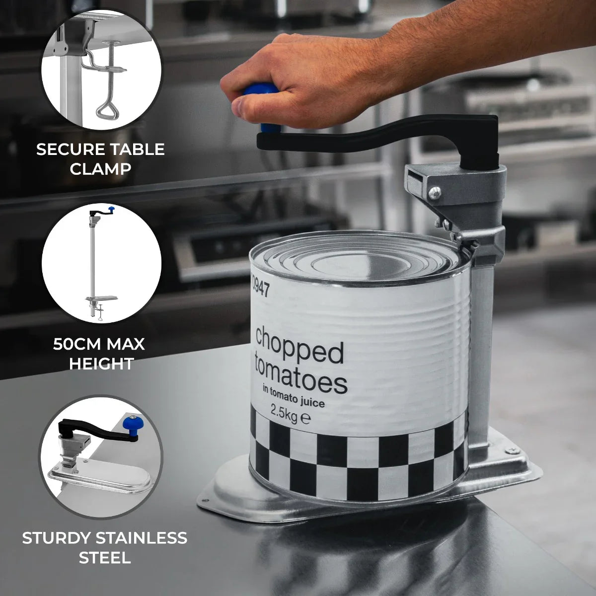 KuKoo Commercial Tin Can Opener with secure table clamp, sturdy stainless steel base, and adjustable height for large cans