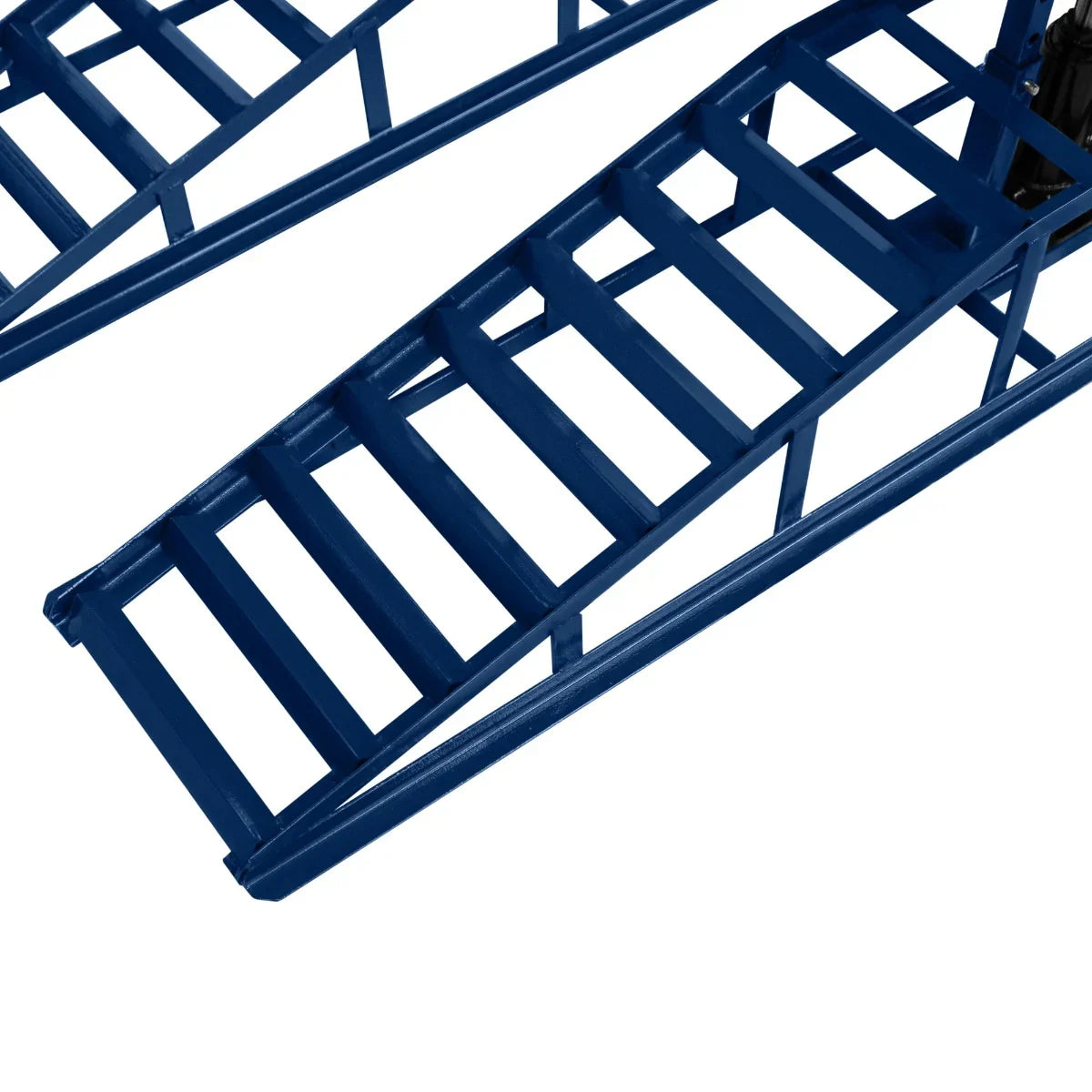 Heavy-duty hydraulic car ramps in bright blue, featuring a sturdy metal frame with a textured surface for enhanced grip and safety