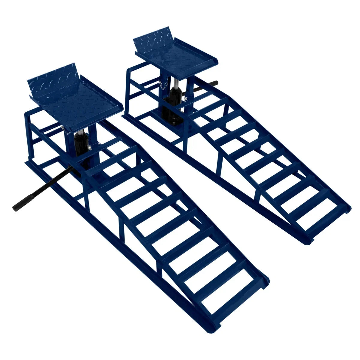Hydraulic car ramps in blue, featuring a sturdy metal frame, textured surface for grip, and a 3-tonne weight capacity