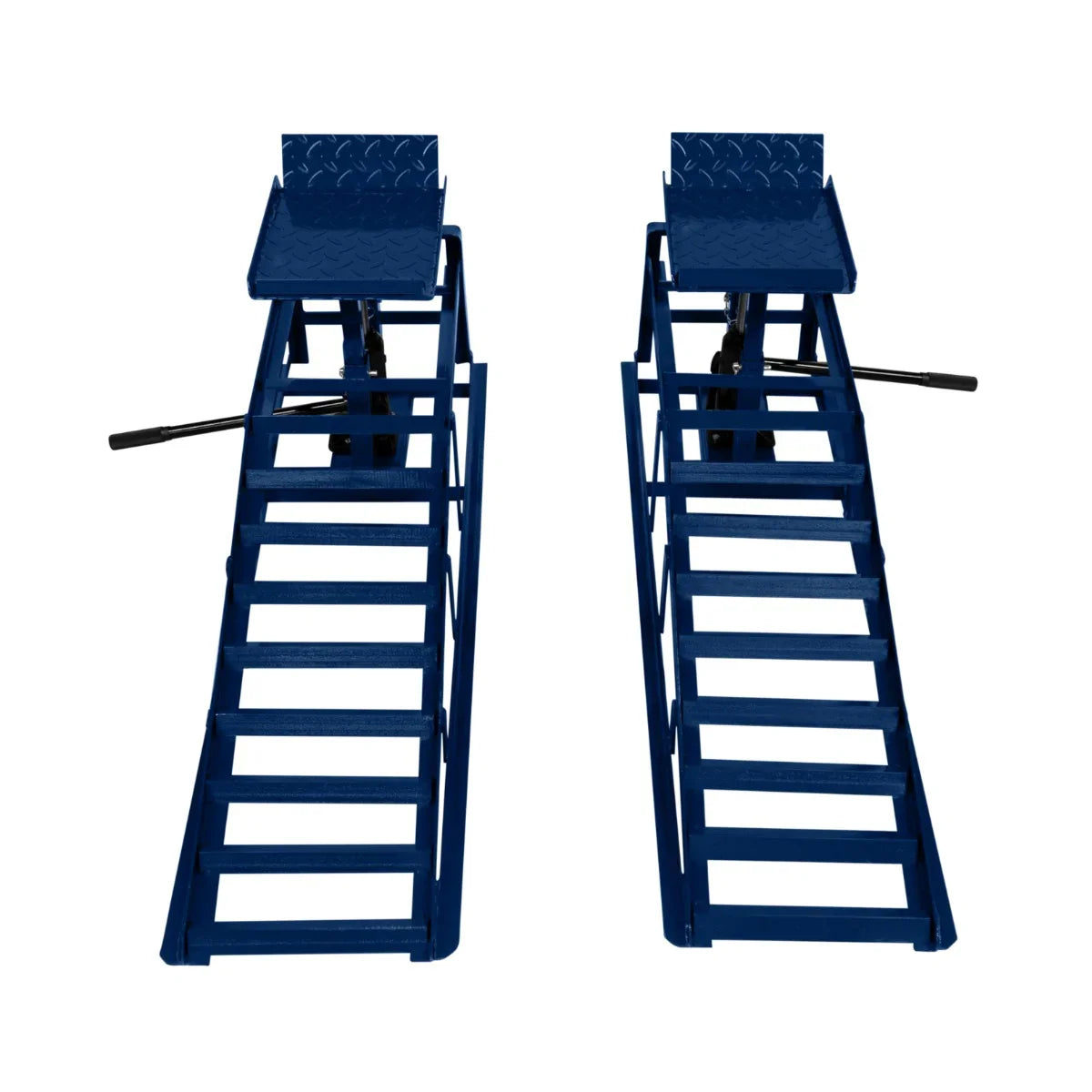 Heavy-duty hydraulic car ramps in blue, featuring a sturdy design with textured surfaces and a 3-tonne weight capacity for safe vehicle access