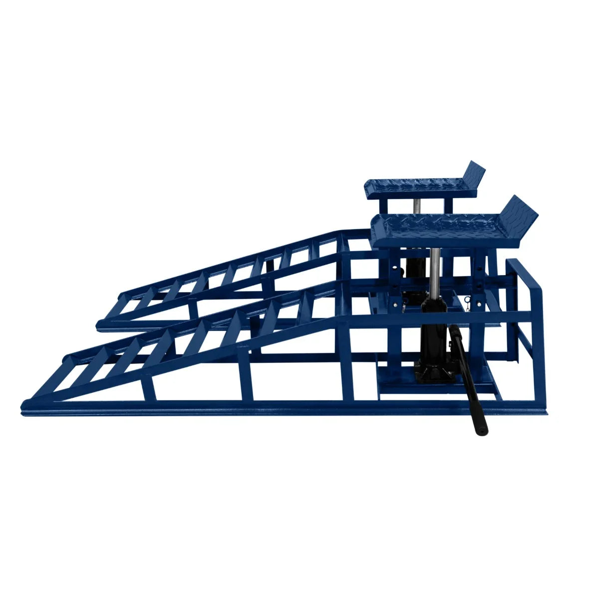 Hydraulic car ramps in bright blue, featuring a sturdy metal frame, textured surface for grip, and a 3-tonne weight capacity