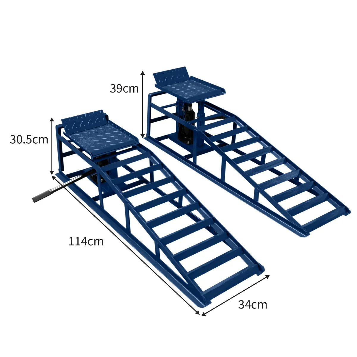 Heavy-duty hydraulic car ramps in blue, featuring a sturdy steel construction, textured surface, and adjustable height for vehicles up to 3 tonnes