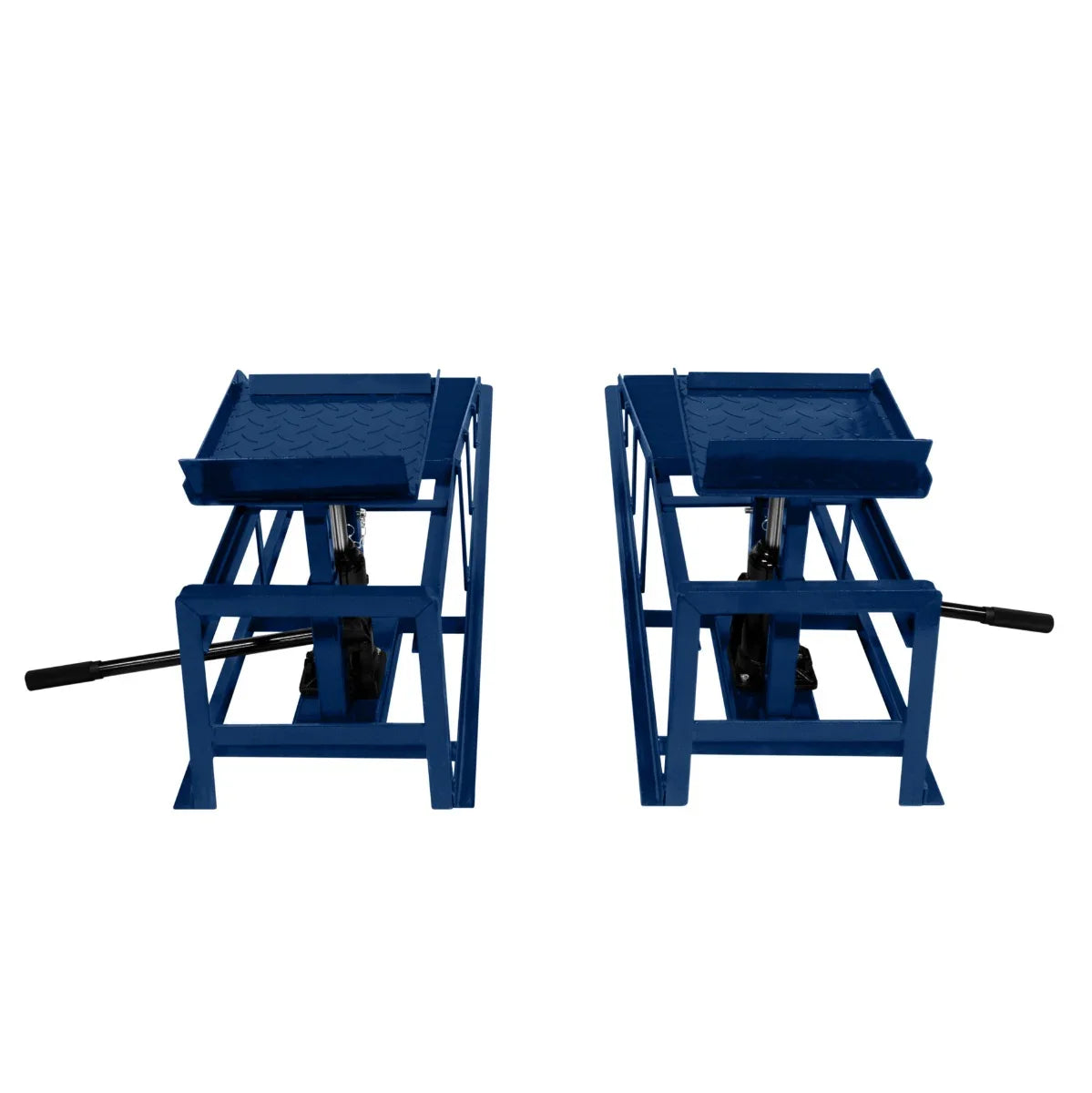 Blue hydraulic car ramps with textured surfaces and sturdy metal frames, designed to support up to 3 tonnes for vehicle maintenance