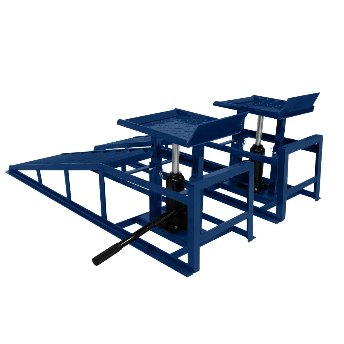 Heavy-duty hydraulic car ramps in vibrant blue, featuring sturdy metal construction and textured platforms for secure vehicle support