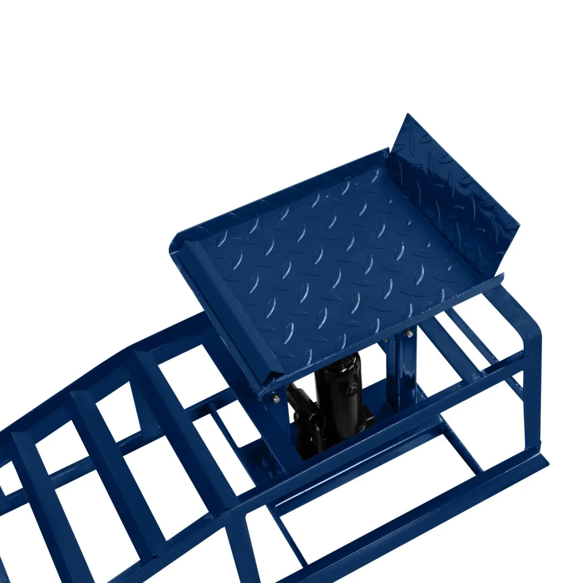 Hydraulic car ramps in blue, featuring a diamond plate texture, sturdy metal construction, and a raised platform for vehicle access