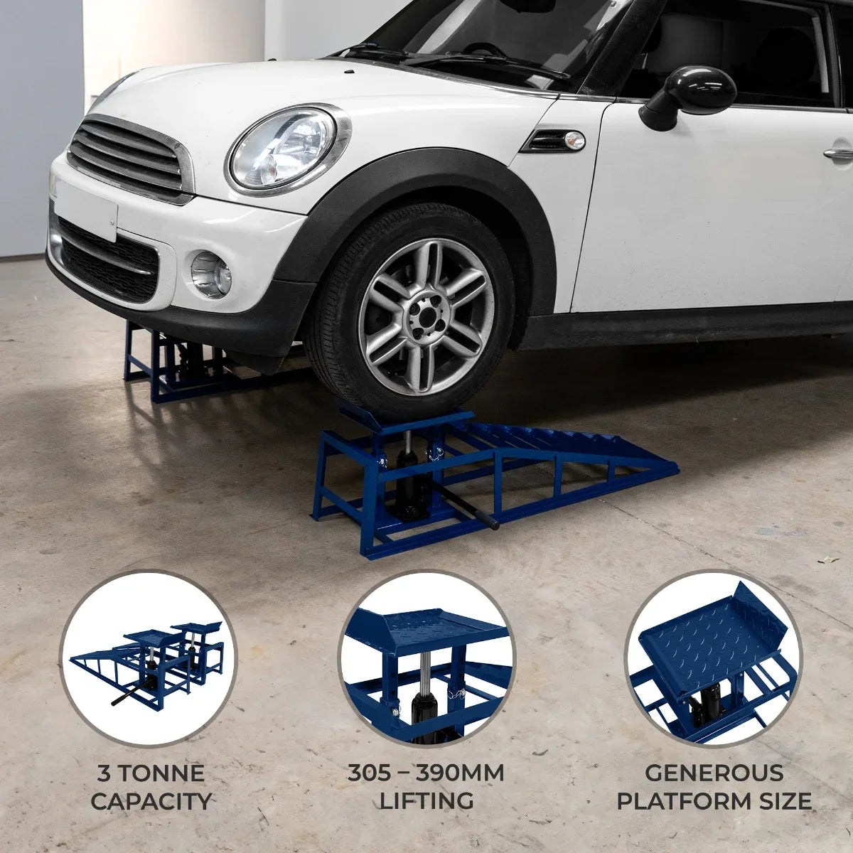Hydraulic car ramps with a 3-tonne capacity, featuring a sturdy blue metal design and a generous lifting height of 305-390mm