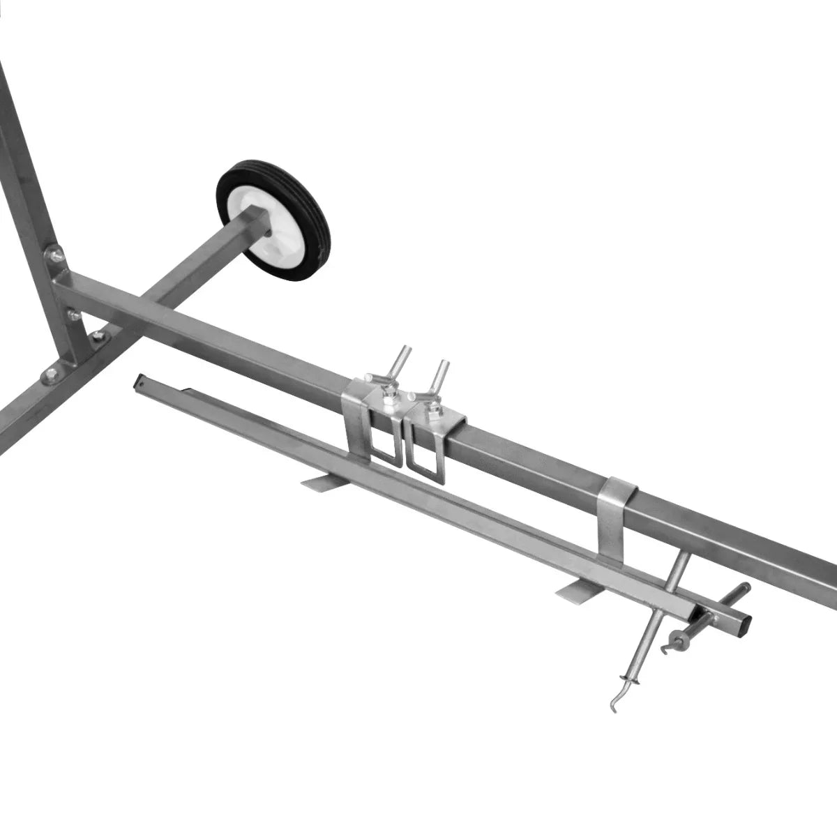 T-Mech Rotary Paint Panel Stand features a sturdy metal frame with wheels, adjustable clamps, and a smooth horizontal bar for easy panel rotation