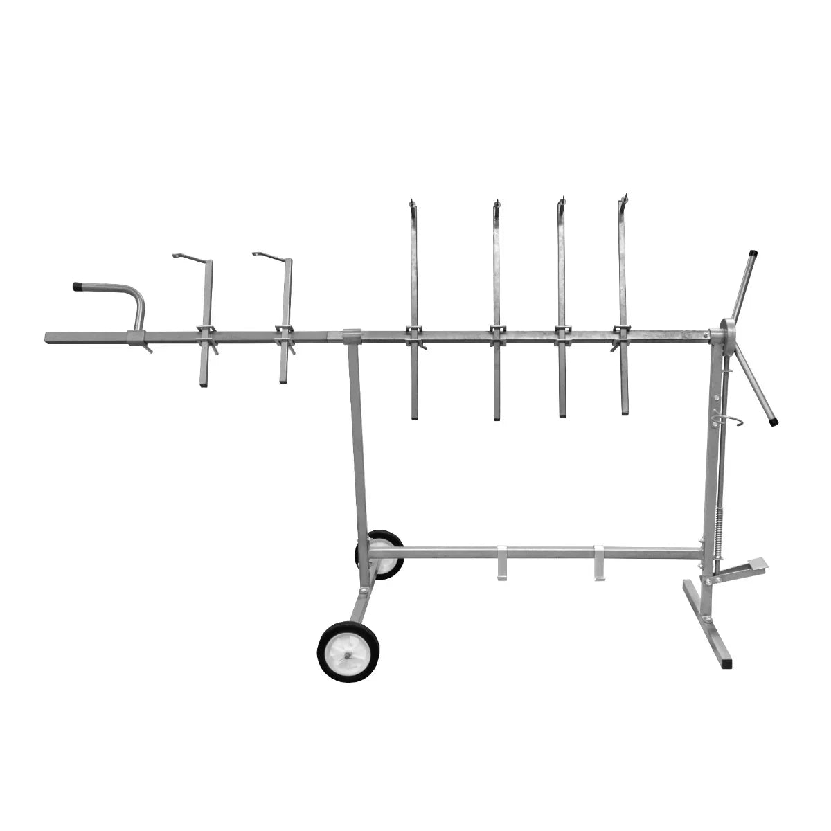 T-Mech Rotary Paint Panel Stand features a sturdy metal frame, six adjustable hooks, and wheels for easy mobility, ideal for painting projects